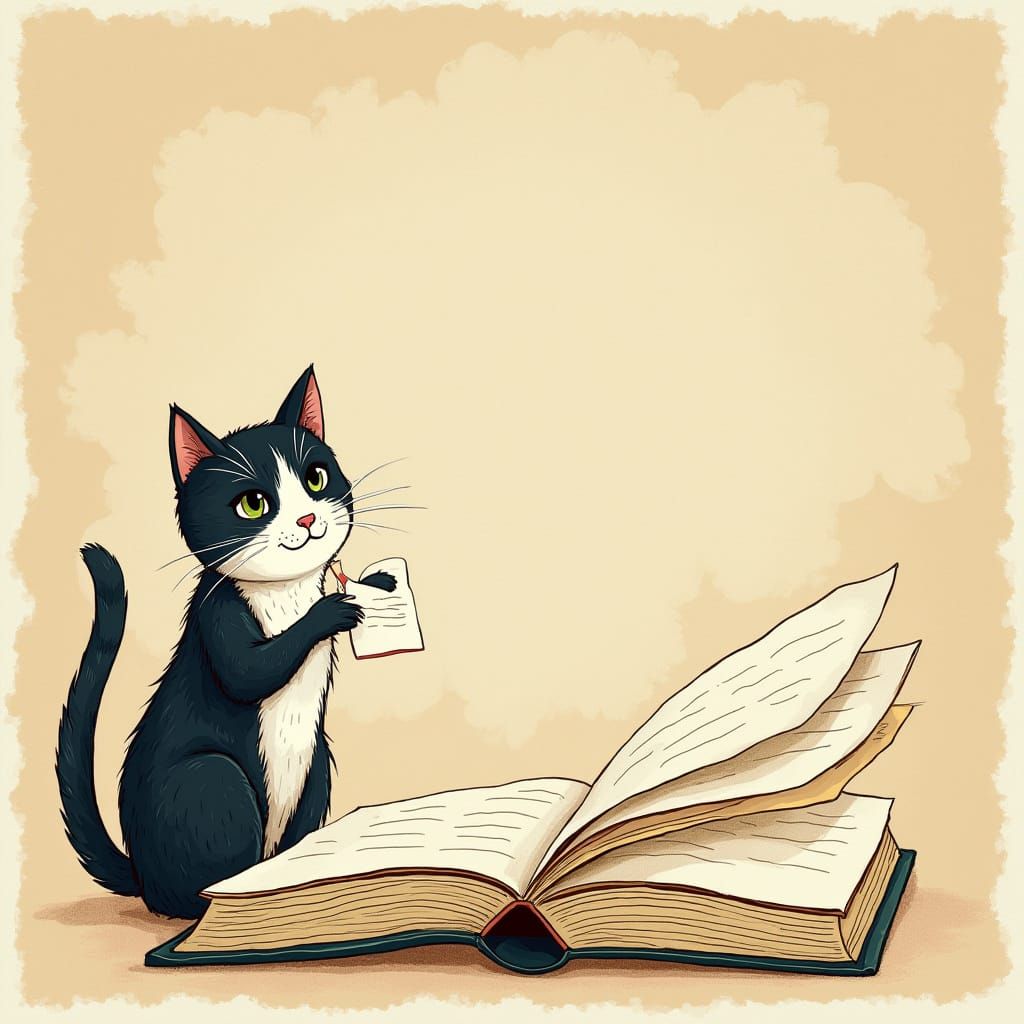 Vintage Journal Cover with Cute Tuxedo Cat in Watercolor Sty...