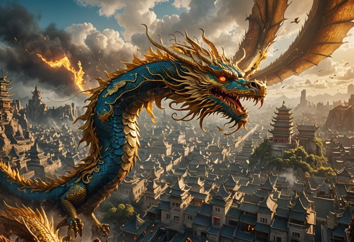 Chinese Dragon and Golden Bird Over Mysterious City