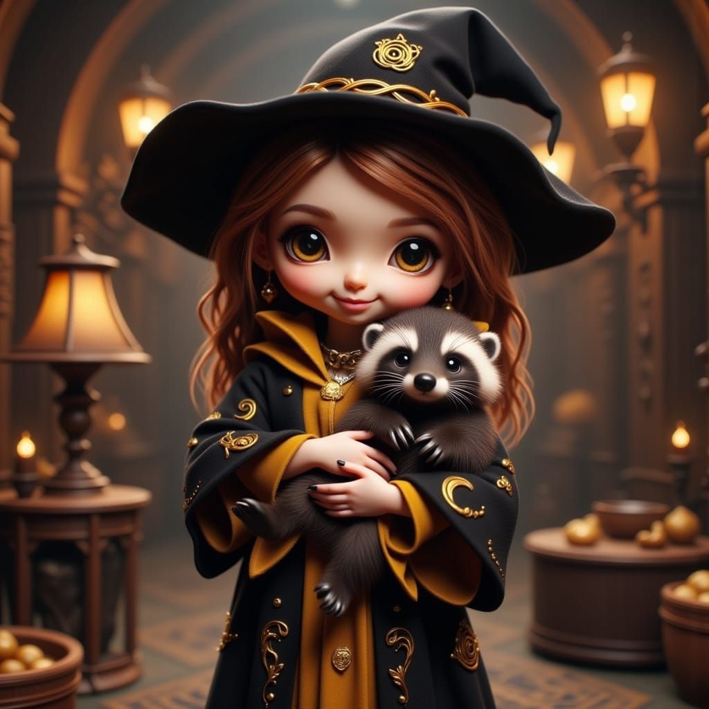 Enchanting Chibi Witch in Mystical Robes with Badger Compani...