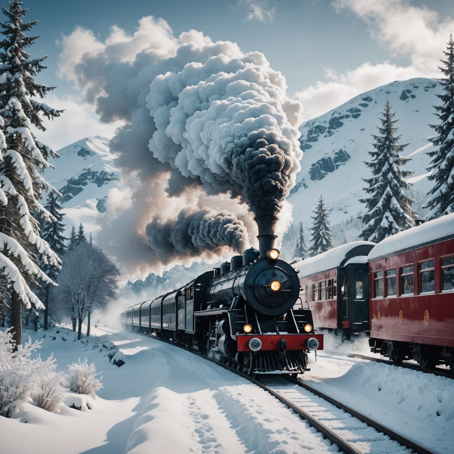 Steam Train in Futuristic Winter Landscape