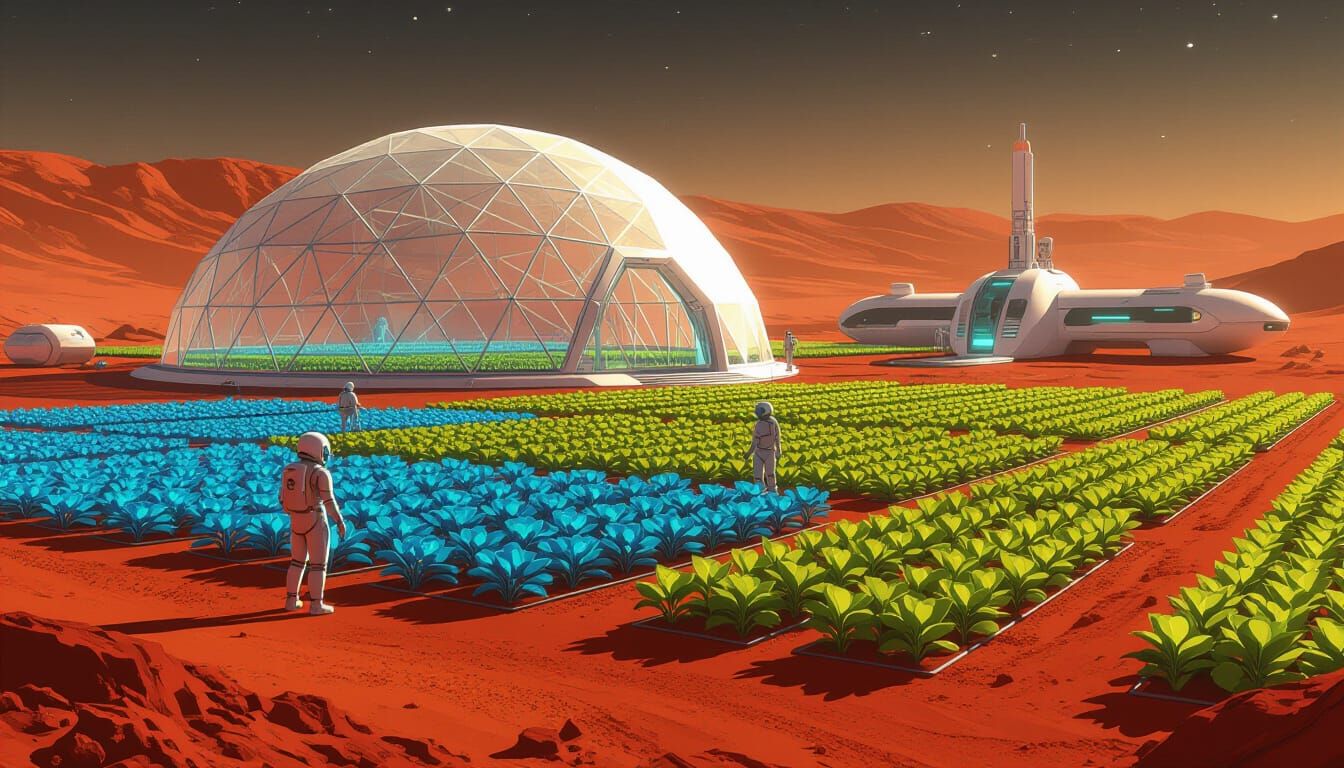 Vibrant Martian Greenhouse in Transparent Biodome