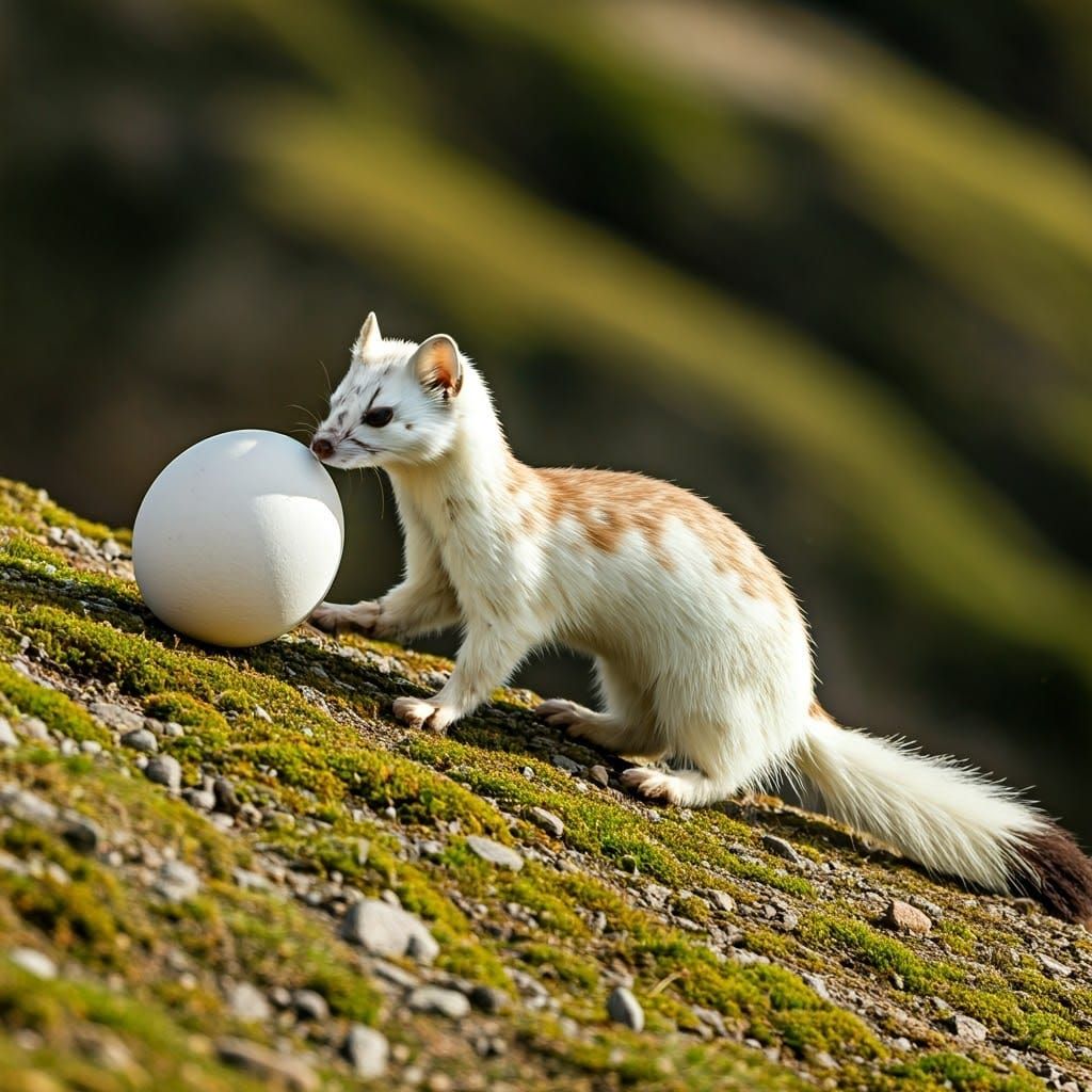 Photorealistic Ermine Rolls Enormous Egg Uphill