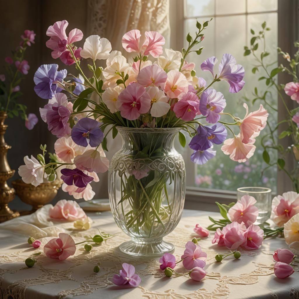 Sweetpeas in Vase: Opulent Still Life Digital Painting