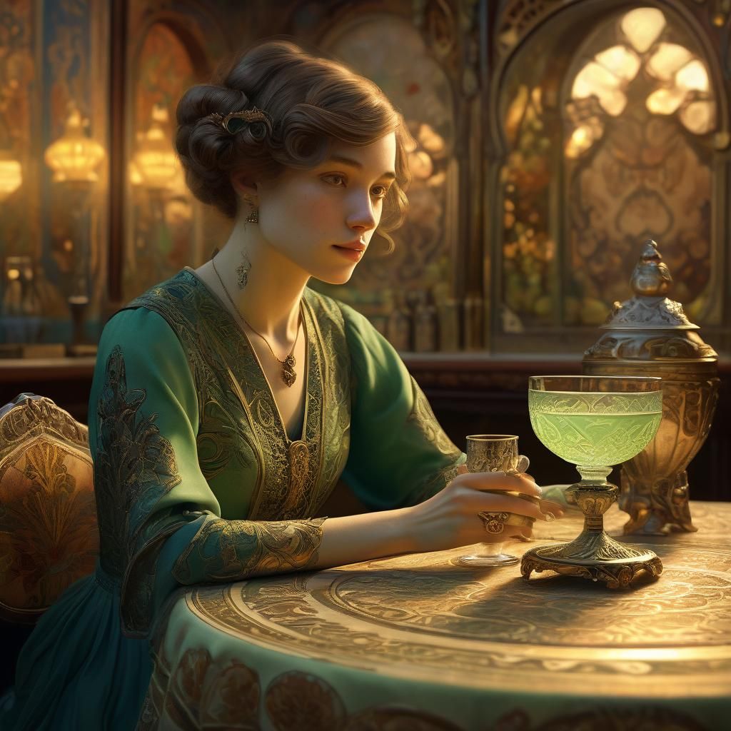 Woman with Absinthe: Digital Art Nouveau Painting