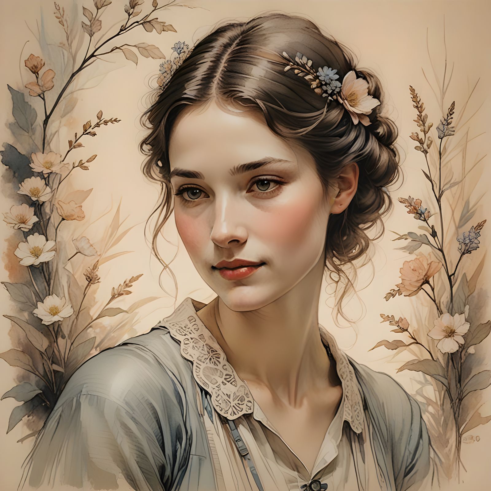 Whimsical Pastel Portrait of a Sweet Young Woman