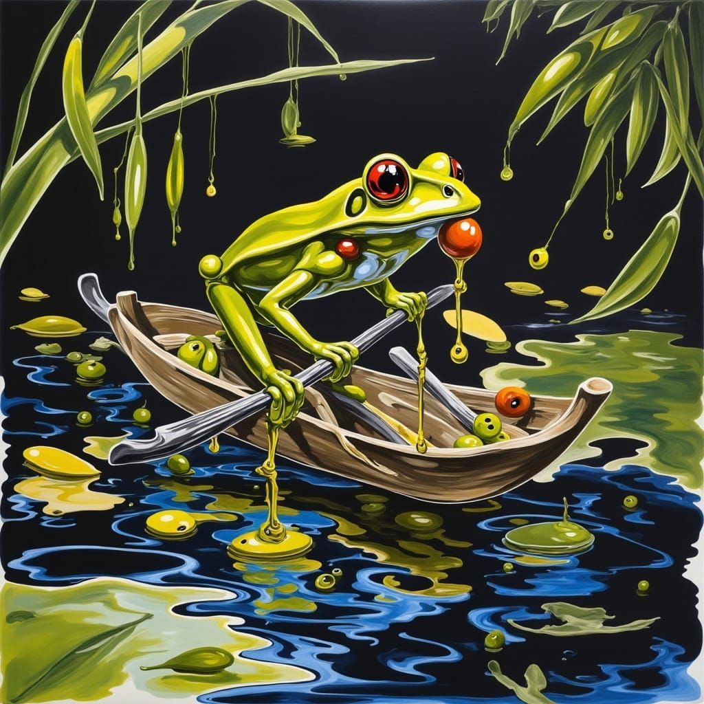 Dark Fantasy Watercolor Art of Poison Dart Frog Boat