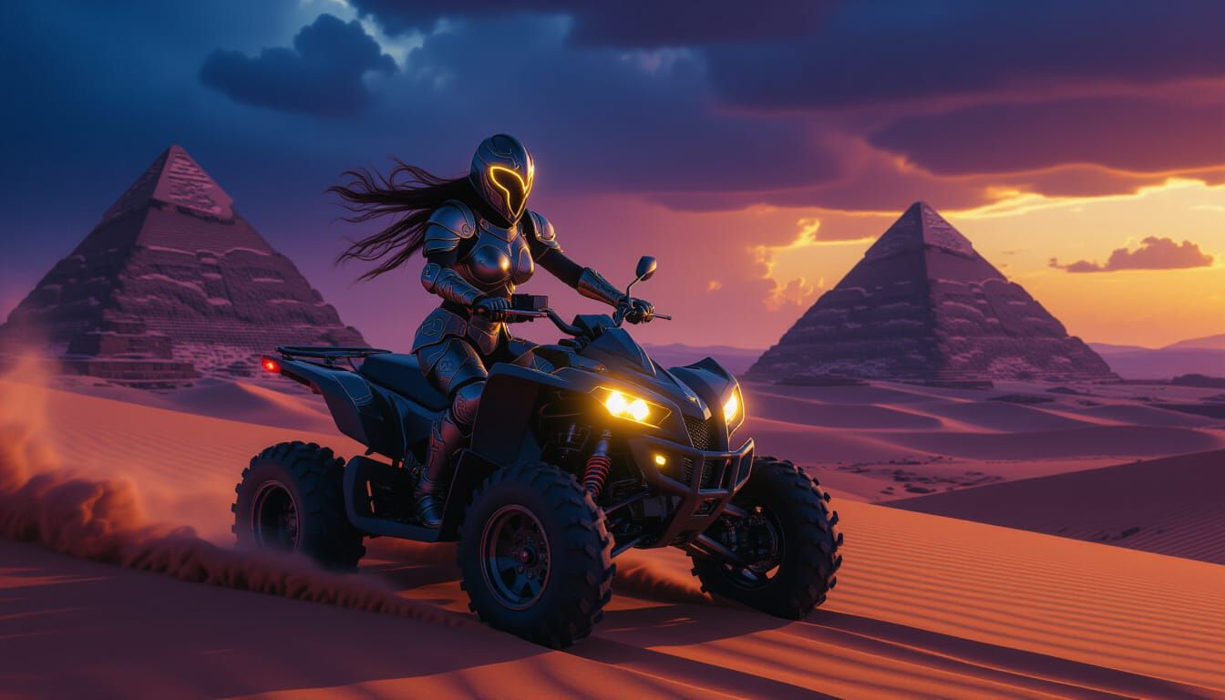 Epic Warrior Woman on Quad Bike in Sahara