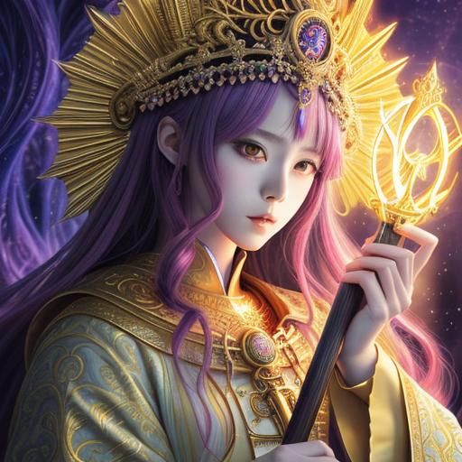 gorgeous Pagan priestess, facing the camera, shirtless and w...