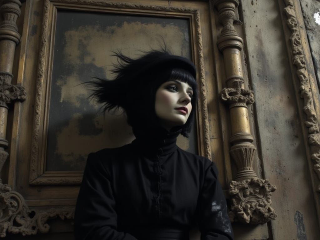 Gothic Girl in Ornate Frame, Dark Atmospheric Style