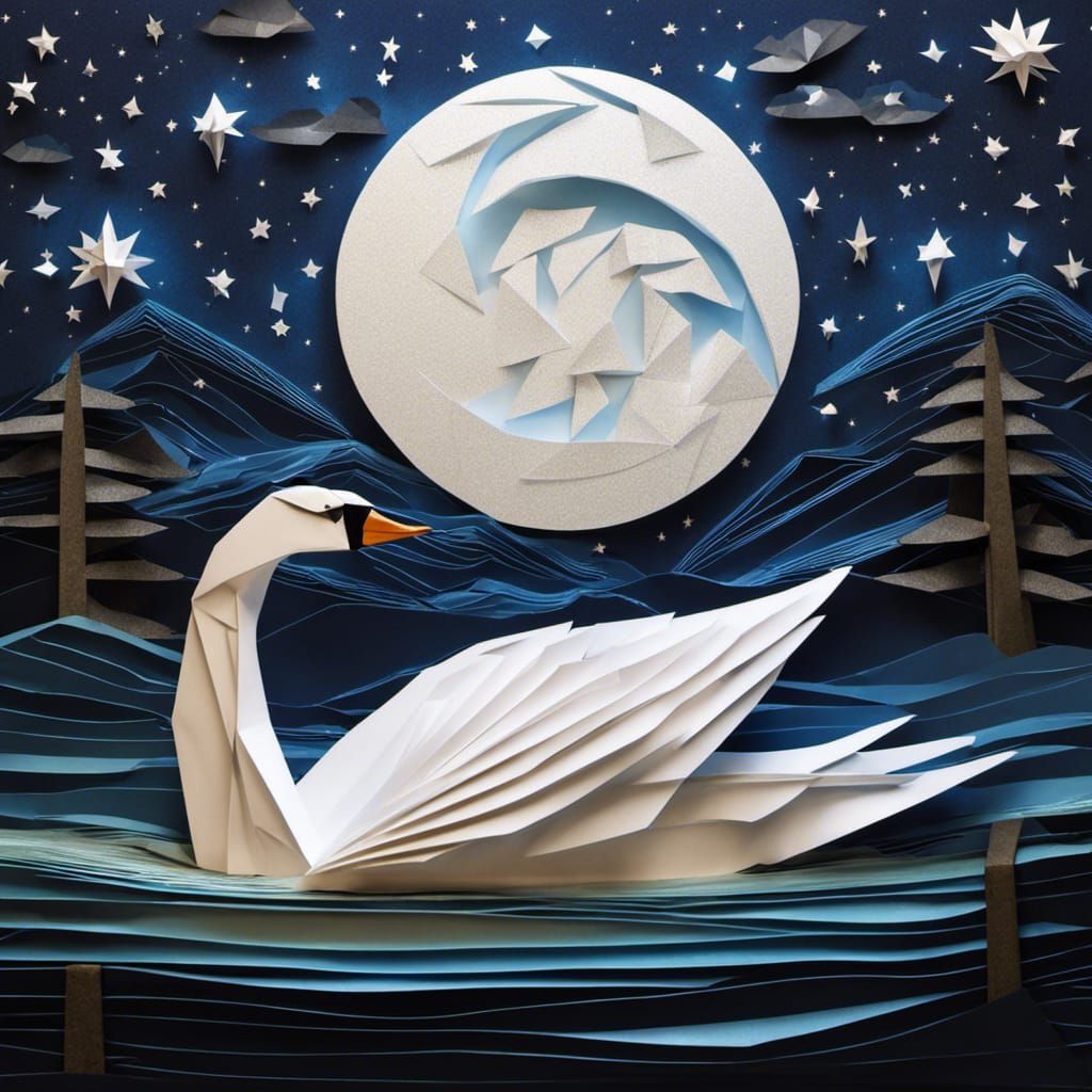 Bioluminescent Origami Swan on Starry Lake