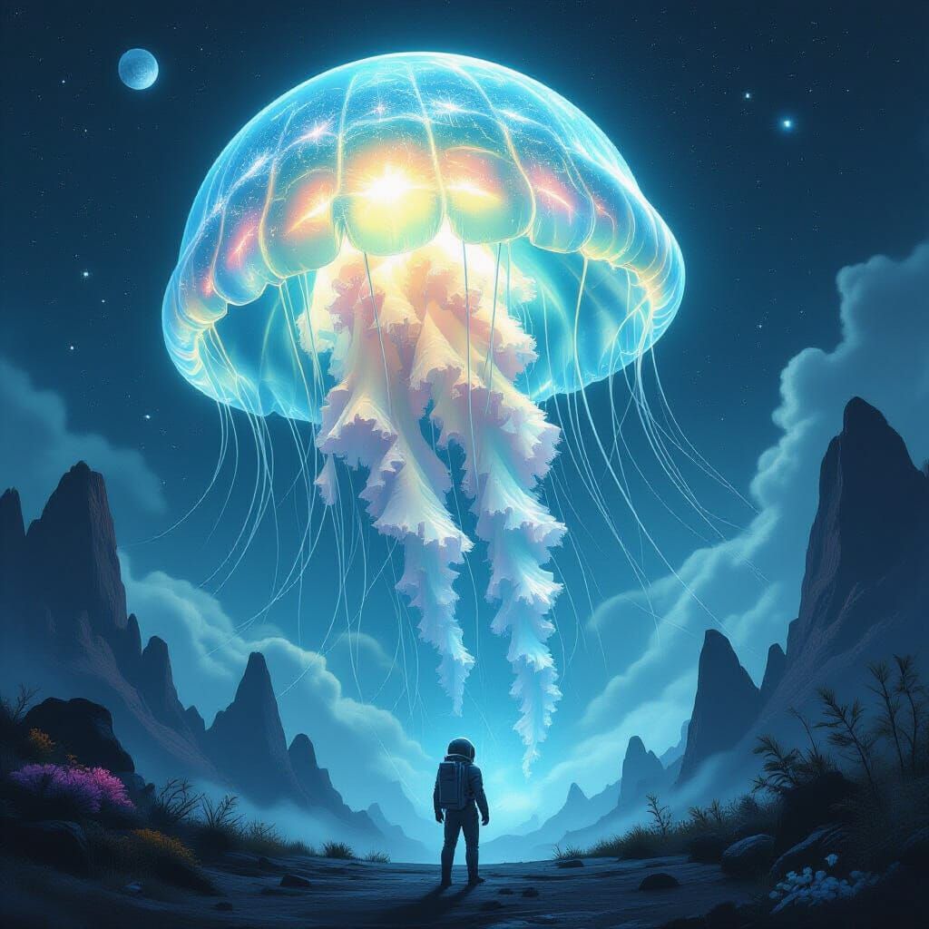 Bioluminescent Jellyfish Drifting Through Alien Atmosphere