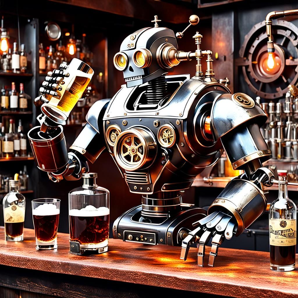 Steampunk Robot Bartender in Brass and Gears