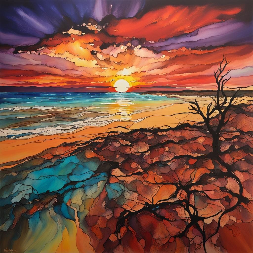 Ningaloo Coast Sunset in Alcohol Ink Style