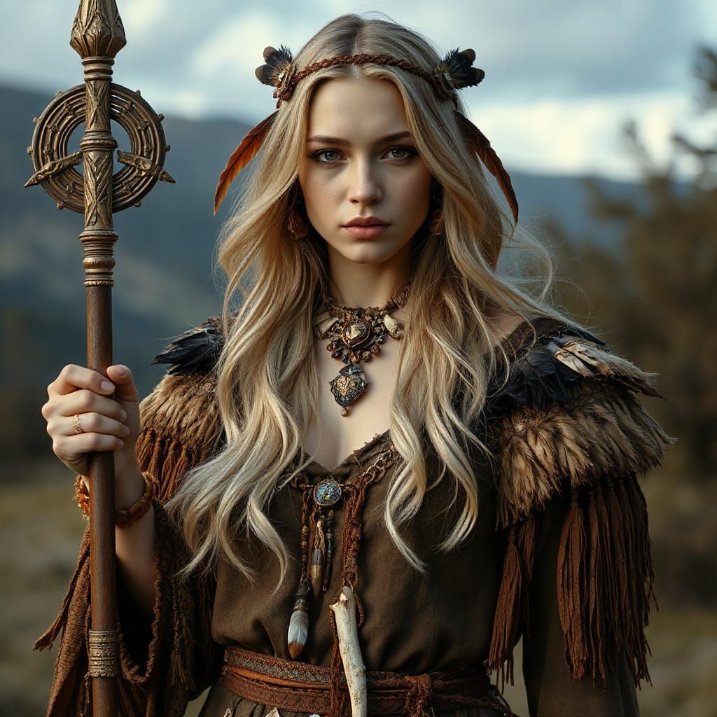 Mystical Blonde Shaman in Ornate Tribal Clothing