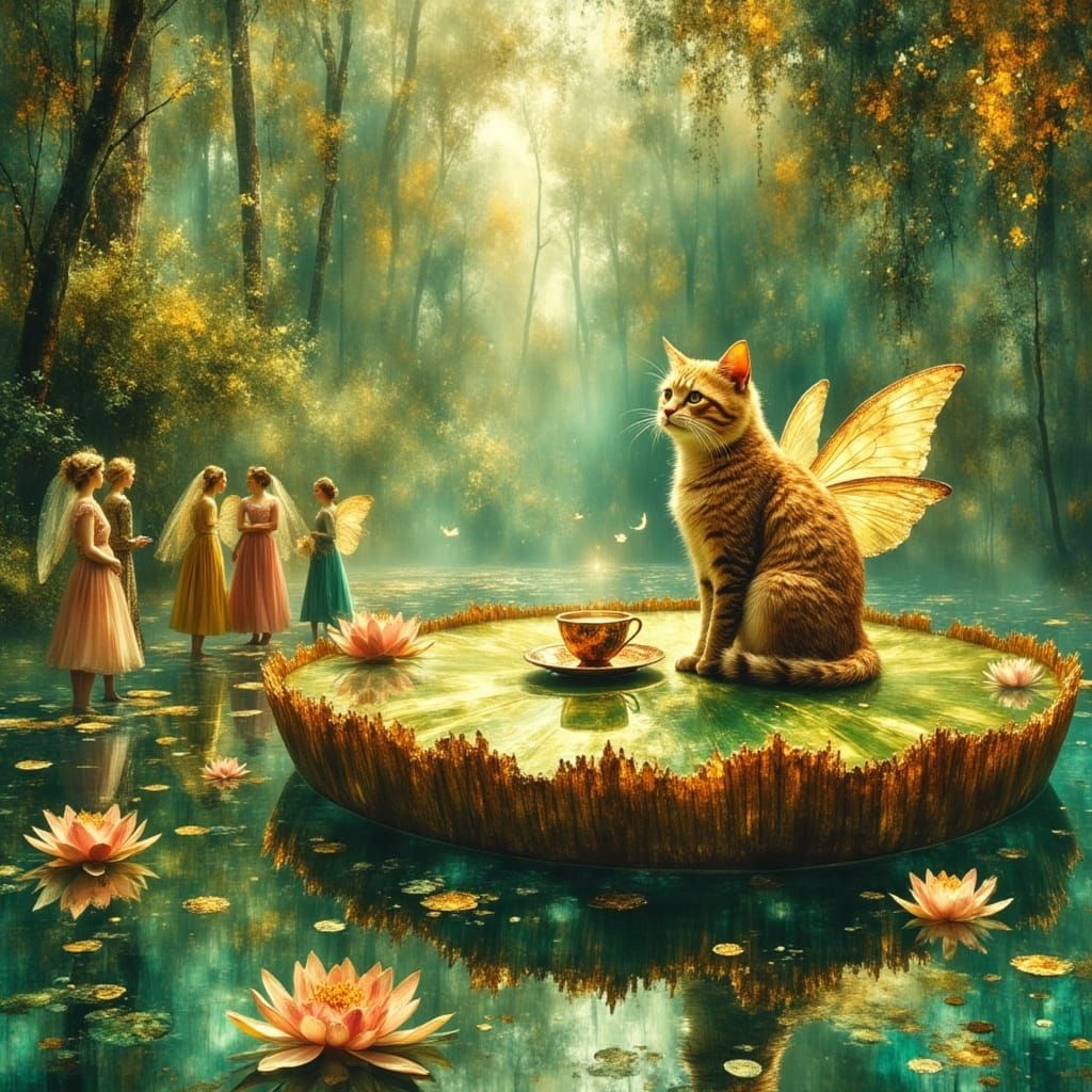 Whimsical Cat Tea Party in Art Nouveau Style