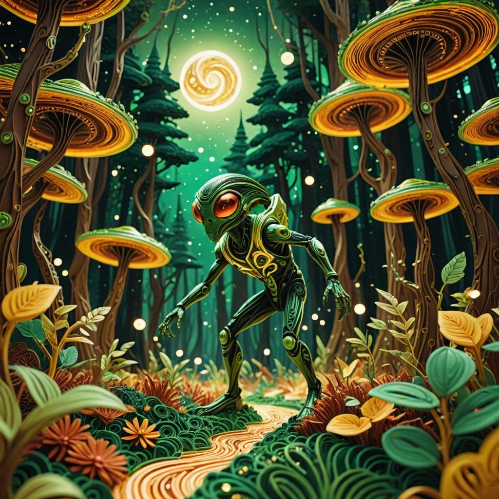 Alien Explorer in Quilling Forest: Sci-Fi Digital Art