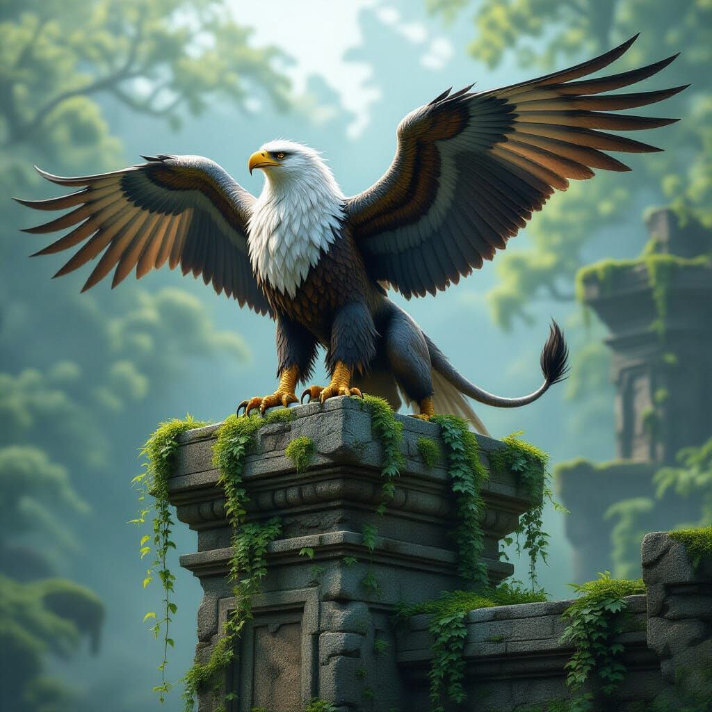 Majestic Griffin on Ancient Ruins in Lush Forest
