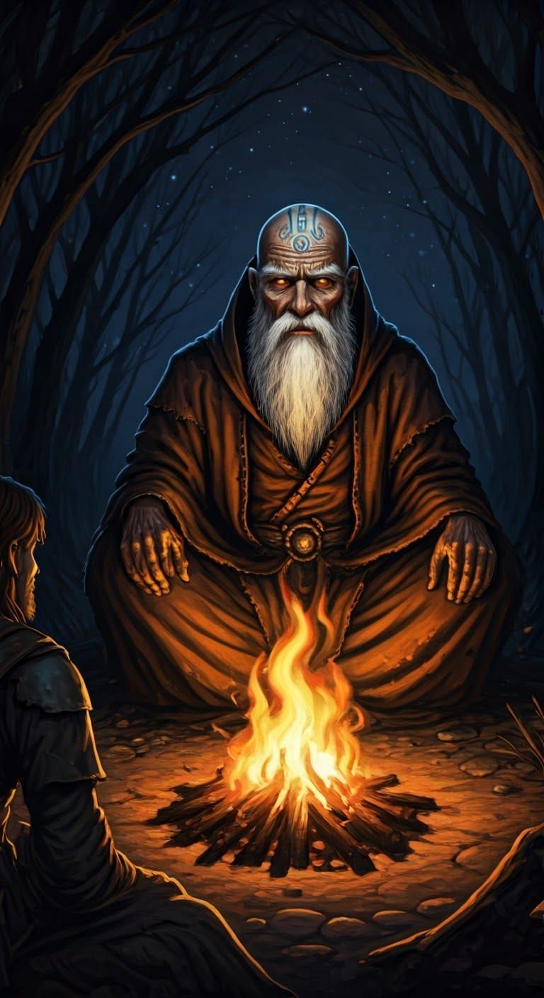Old Prophet Delivers Cryptic Prophecy in Dark Fantasy Art