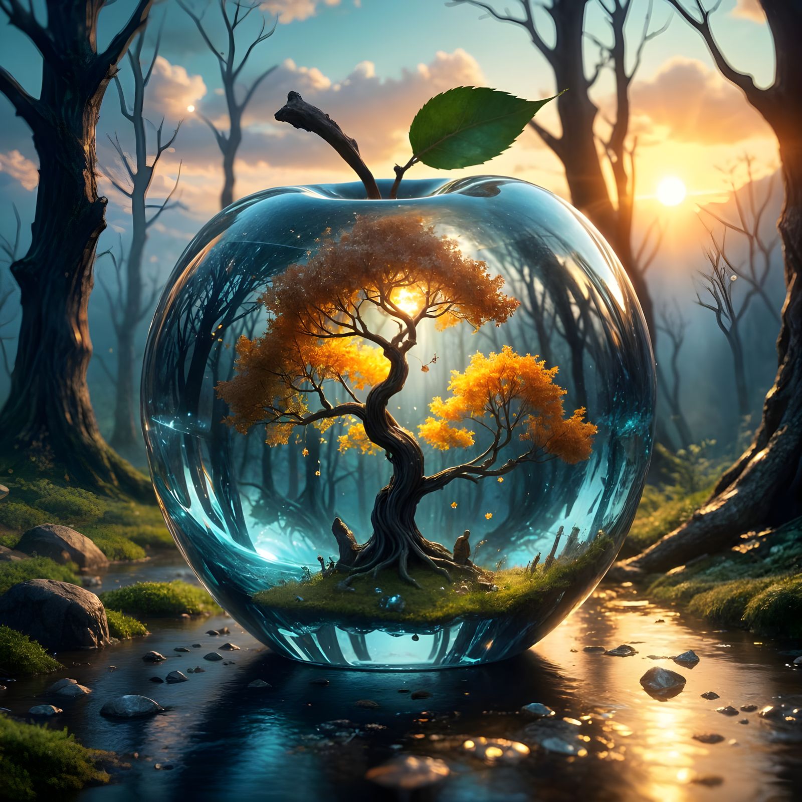 Crystal Glass Magical Apple with Elvish Kingdom