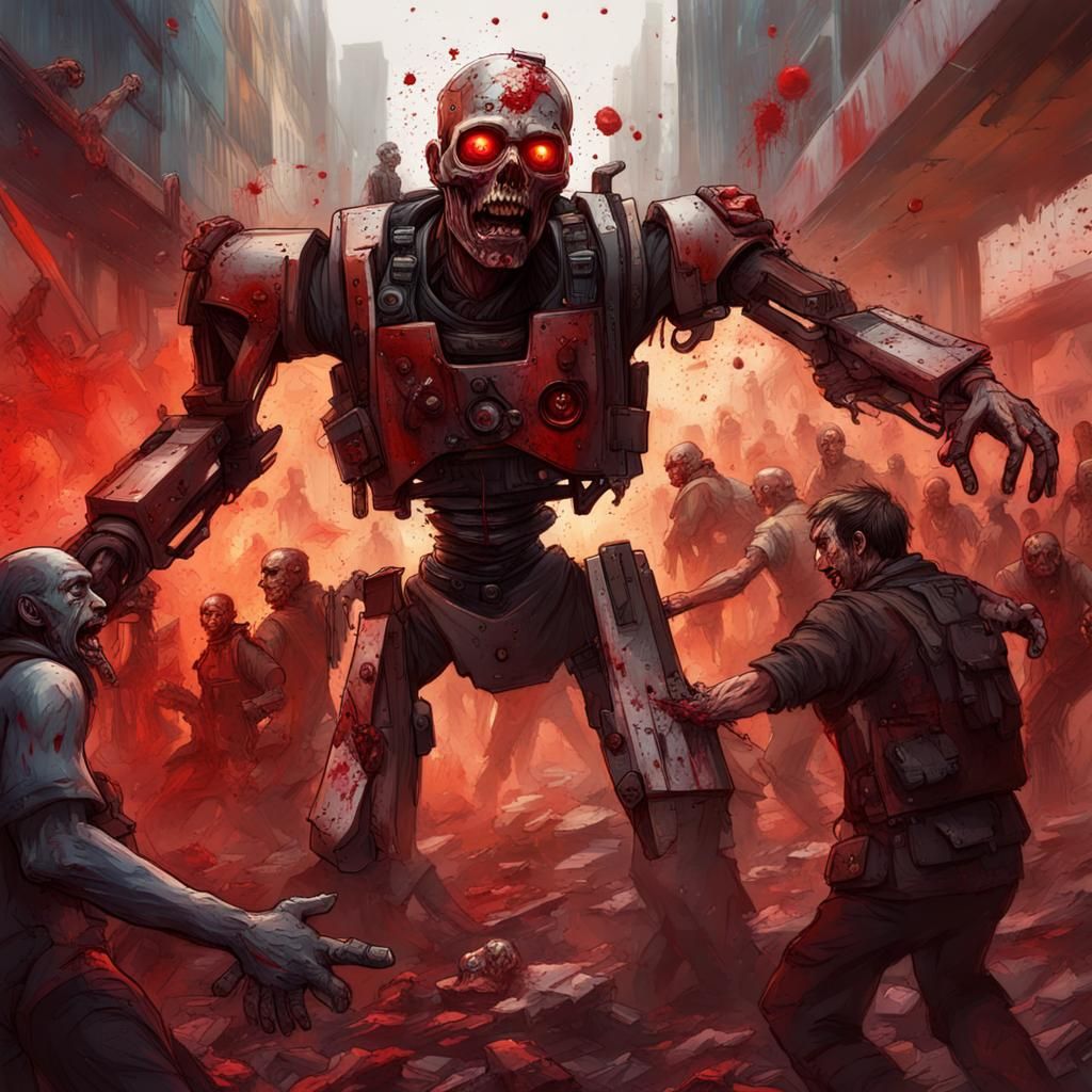Epic Zombie Robot War in Splash Art Style