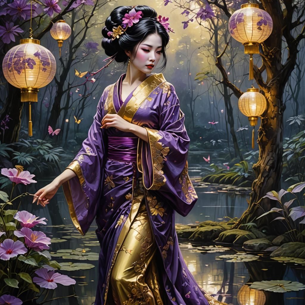 Geisha in Mirrored Reflection: Dark Fantasy Lace Art