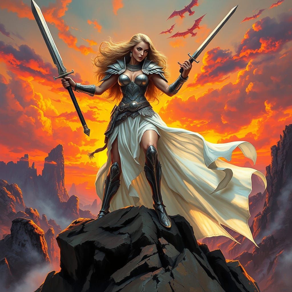 Epic Warrior Woman in Fiery Sunset Landscape
