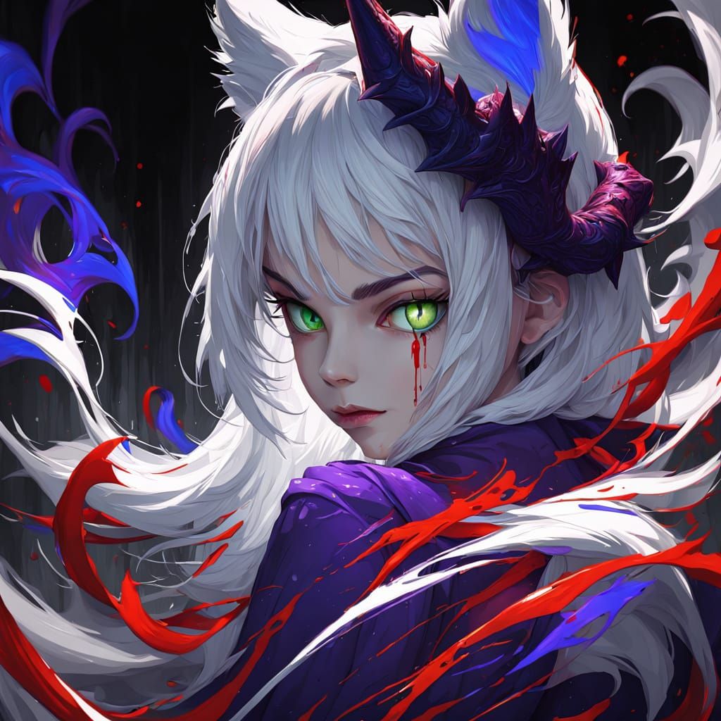 Anime Girl with Cat Ears and Dragon Horns in Purple Jacket