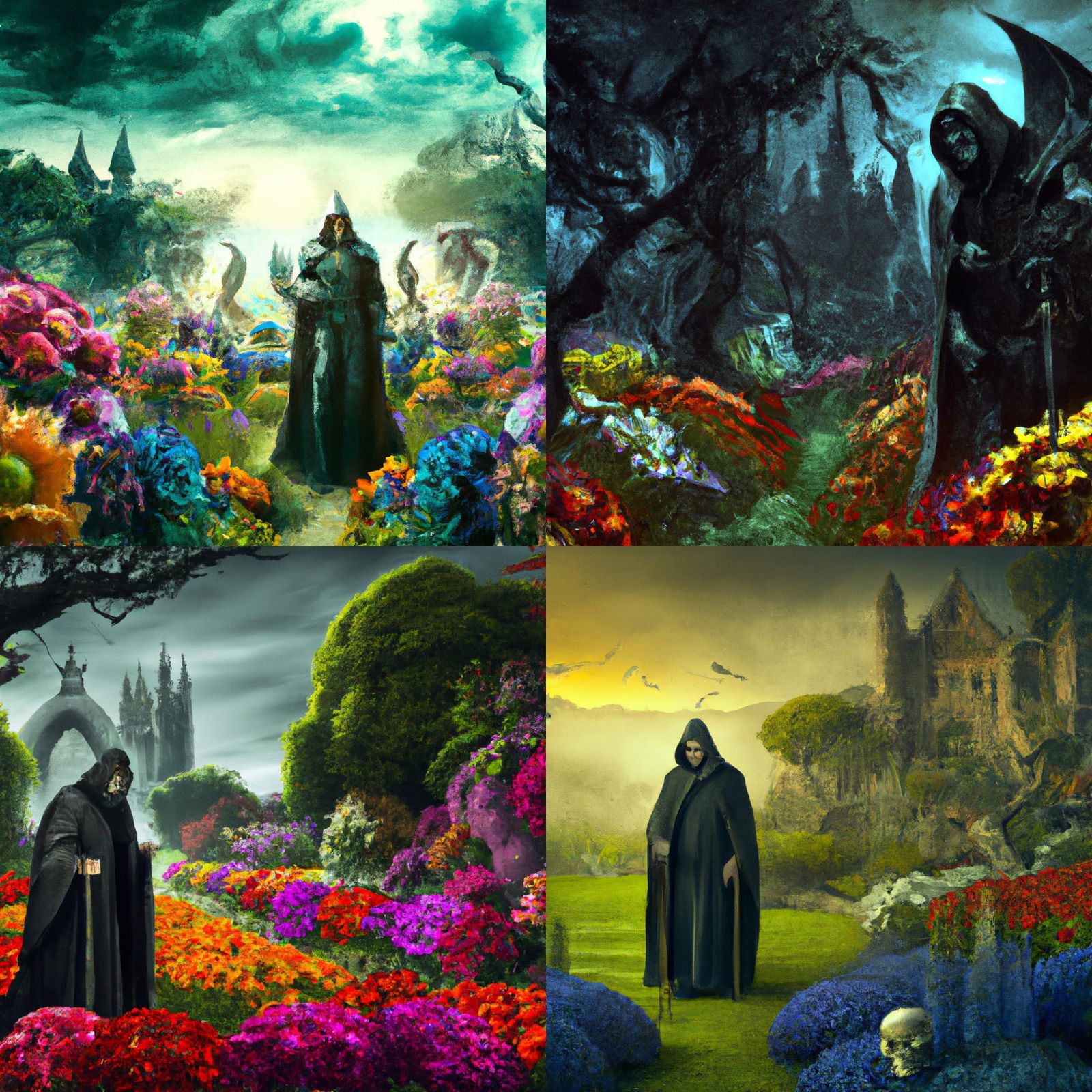 Grim Reaper in Vibrant Garden, Matte Painting