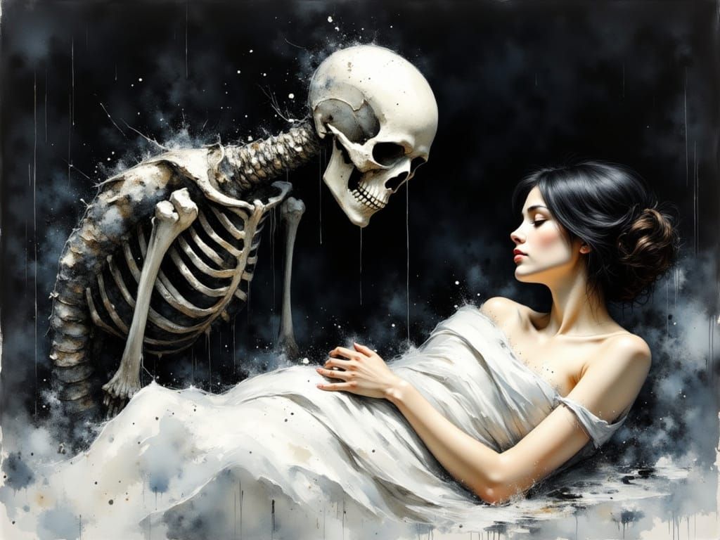 Frightened Woman and Ghost in Watercolour Style