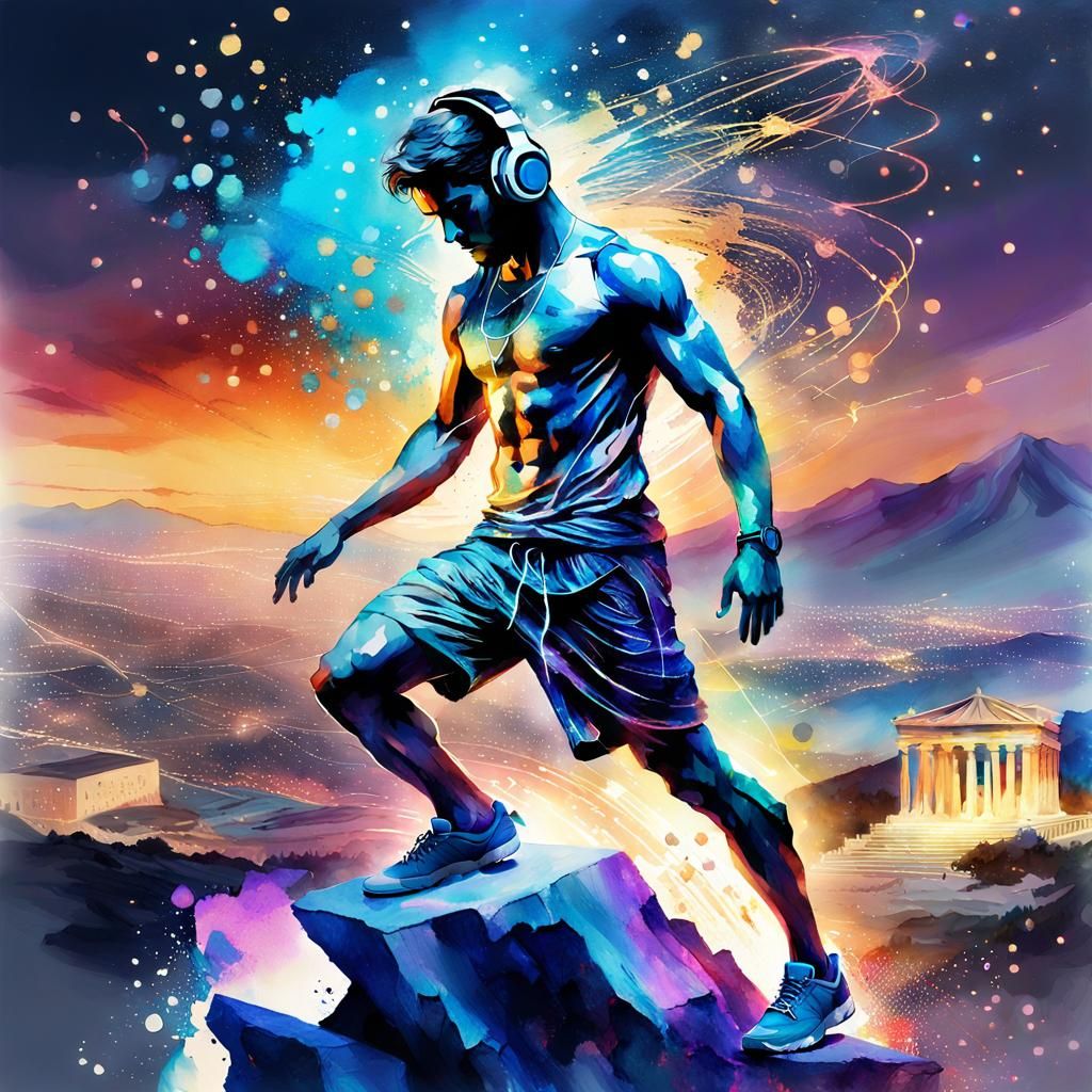 Olympic Statue Dances in Watercolor Galaxy