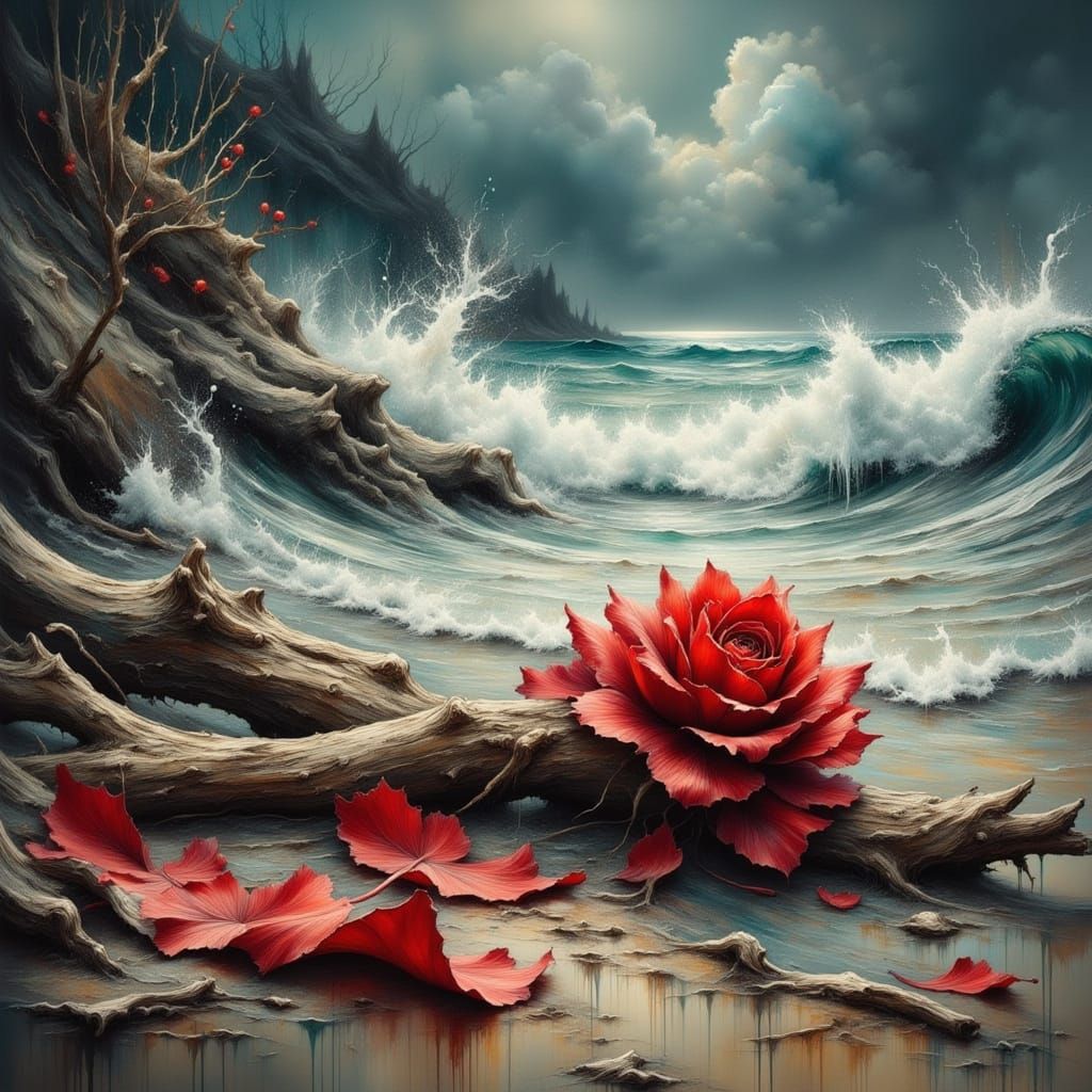 Red Rose Washed Ashore on Stormy Beach