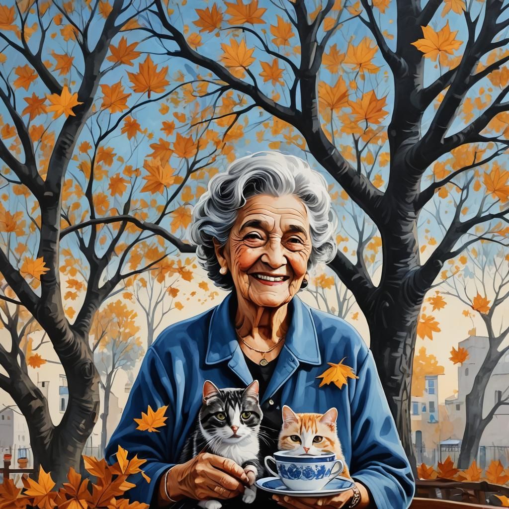 Grandmother Enjoying Sunset with Cats in Autumn