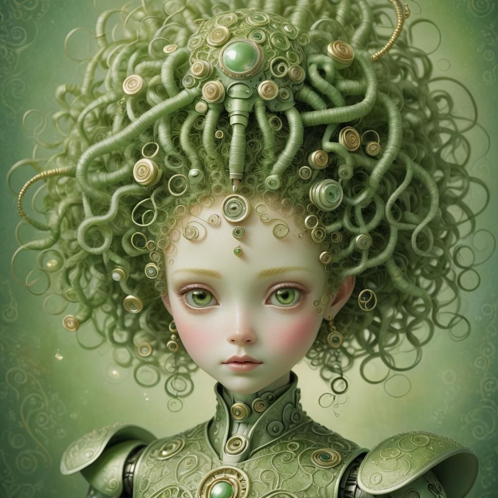 Robot Portrait with Electronic Hair in Surrealist Style