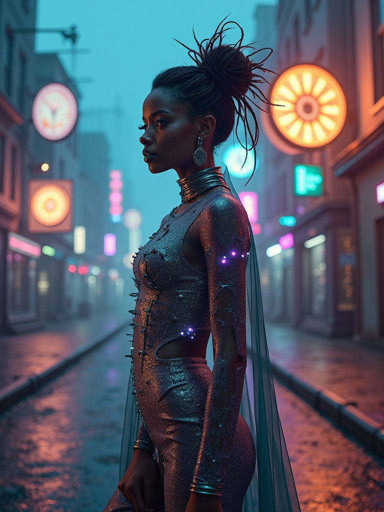 Cyberpunk Fashionista in Dreamlike Cityscape