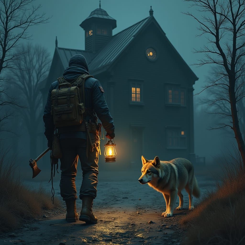 Apocalyptic Wanderer with Lantern and Wolf in Hyper-Realisti...