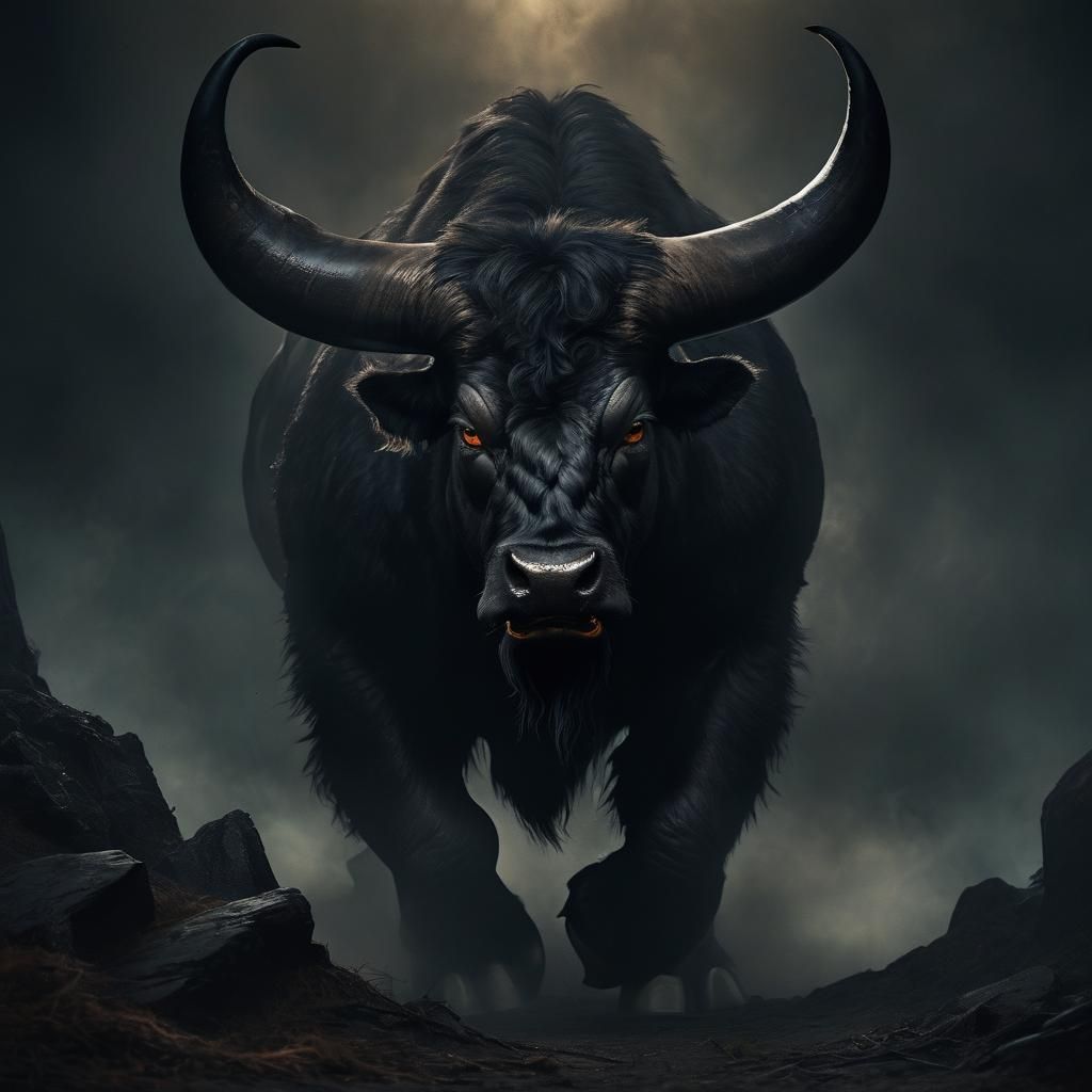 Menacing Dark Bull in Moody Fantasy Illustration
