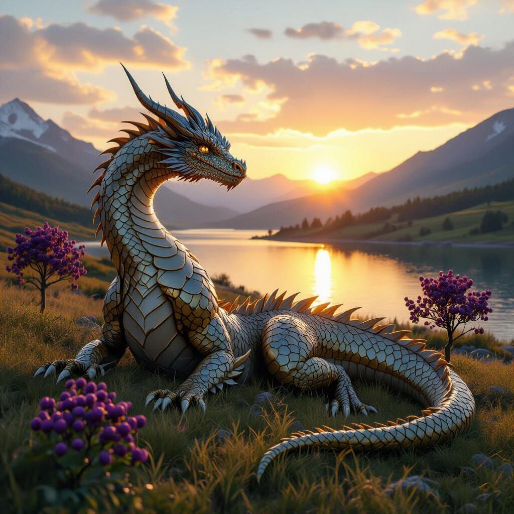 Majestic Gold and Silver Dragon by Lake at Sunset