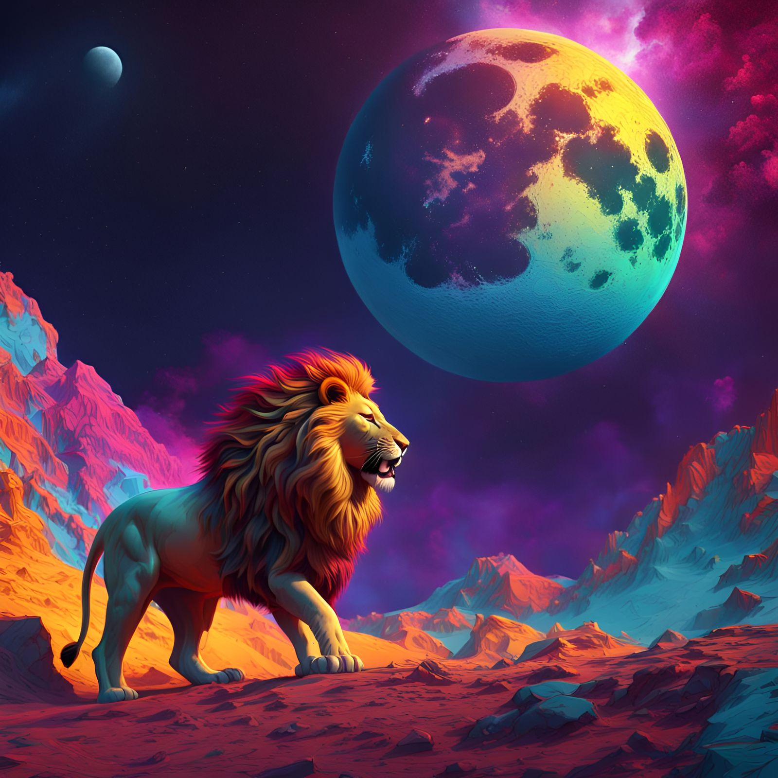 Lion Roaring on the Moon in Pop Art Style