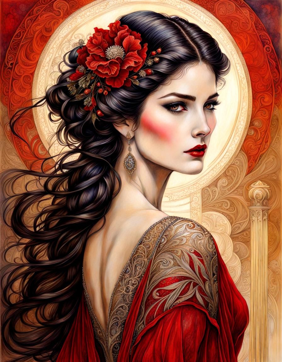 Art Nouveau Portrait of Woman with Red Lipstick