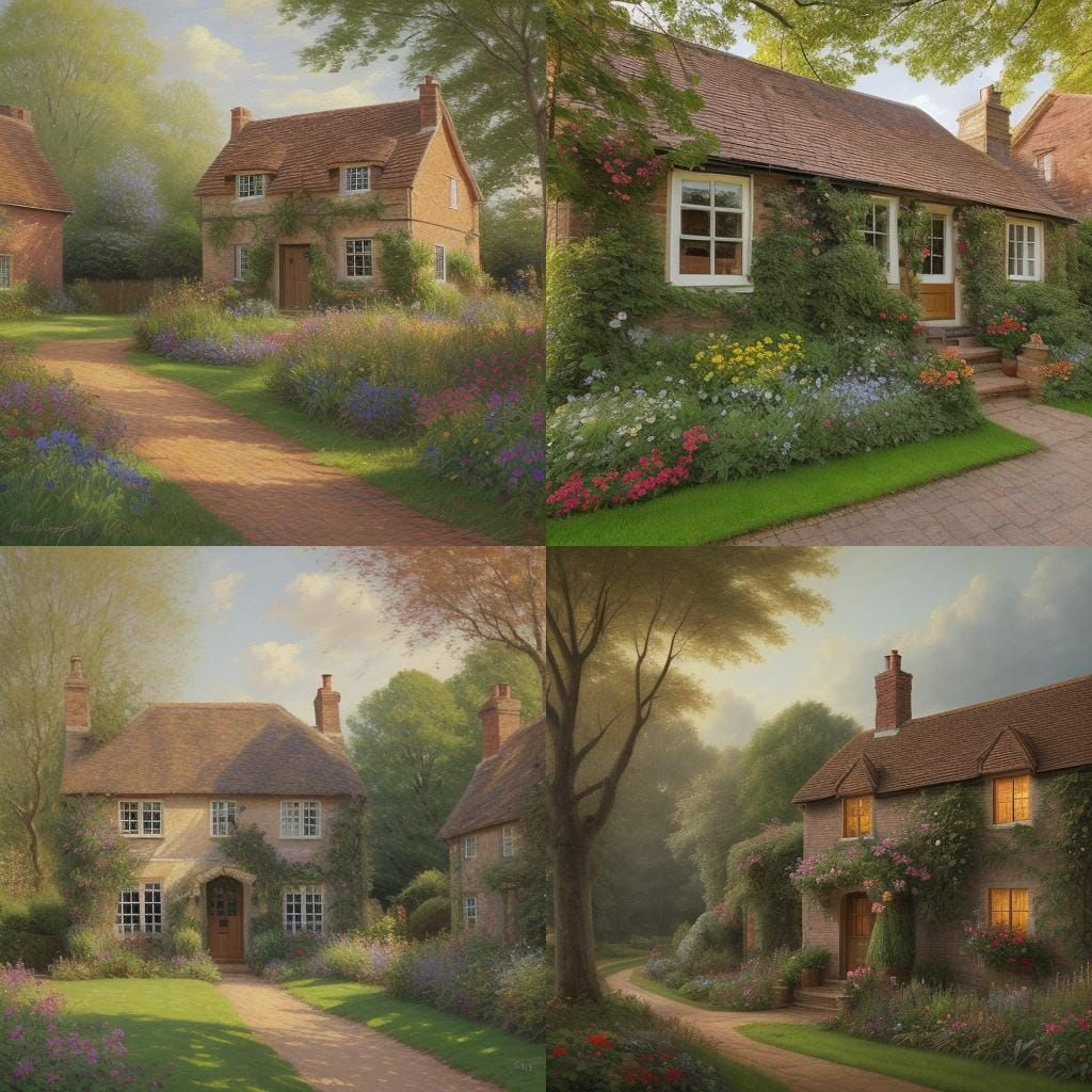 English Cottage Brick House in Oil Painting Style