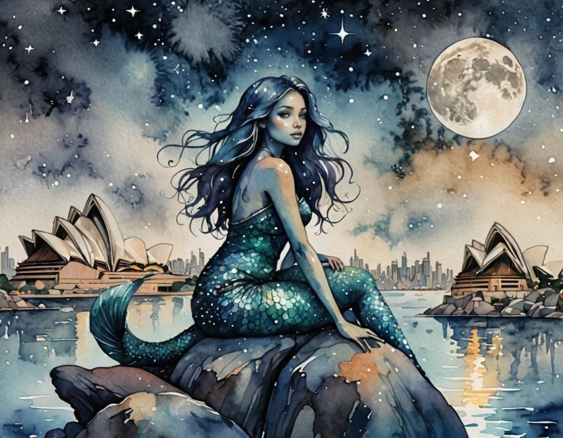 Mermaid Silhouette Against Galaxy, Watercolor Cityscape