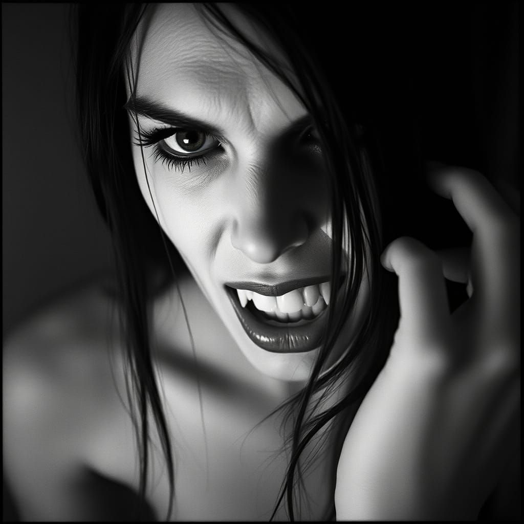 Surreal Vampire Portrait in High Contrast Black and White