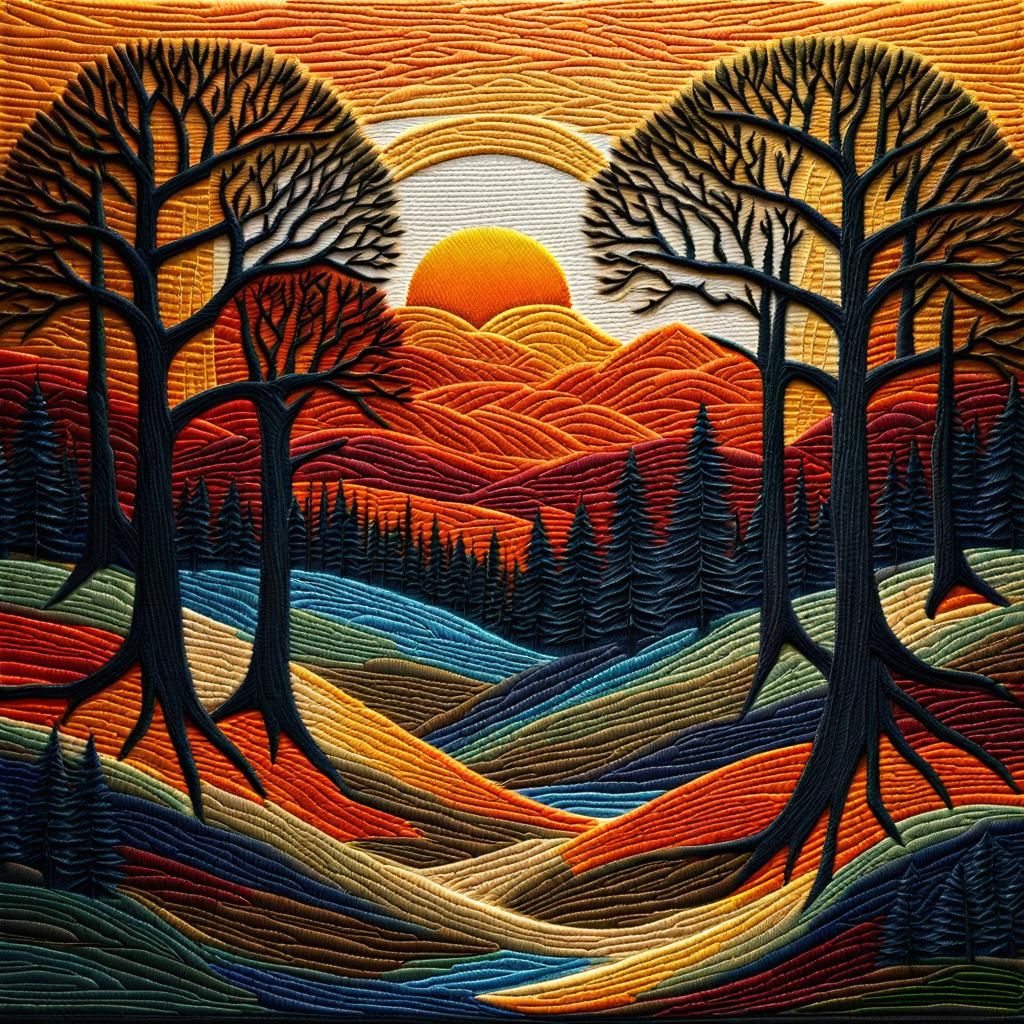 Embroidered Sunrise Over Forest in Crewelwork