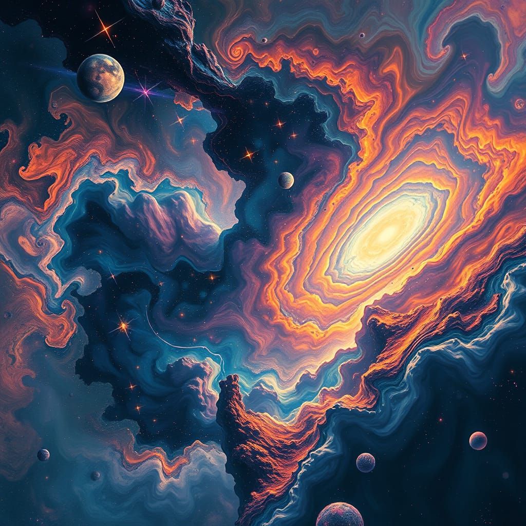 Surreal Cosmic Landscape with Swirling Galaxies and Nebulas