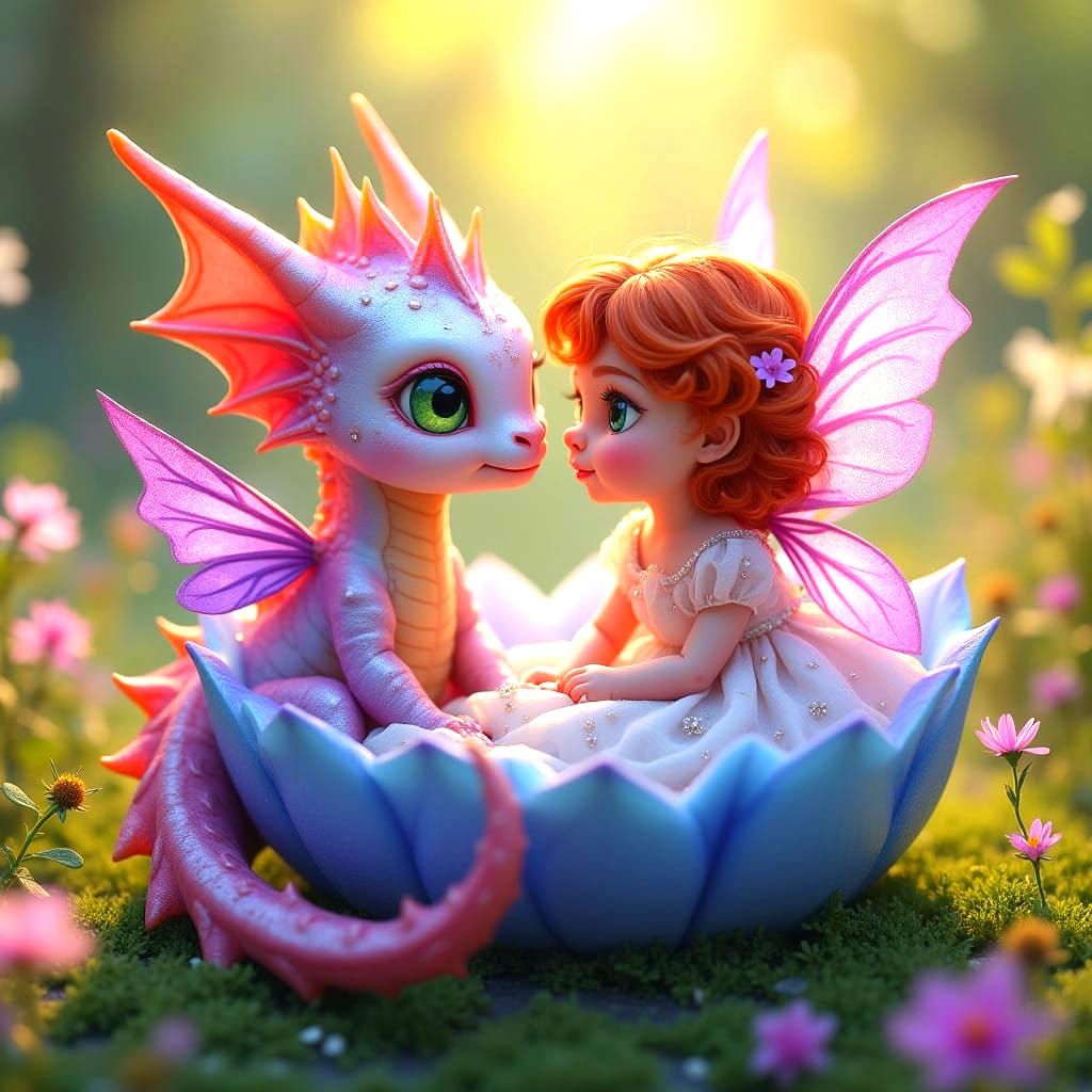 Whimsical Dragon and Fairy Friendship in Enchanted Meadow