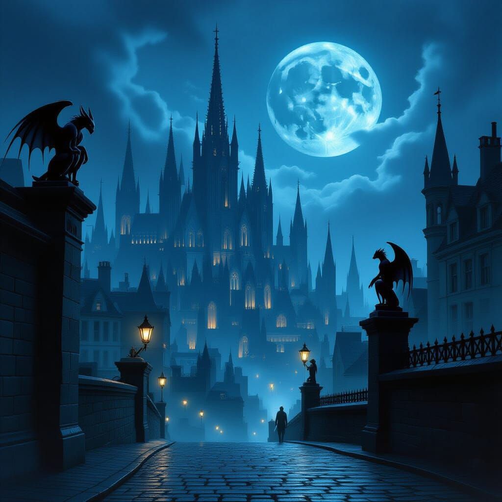 Gothic Cityscape at Twilight with Spectral Moon