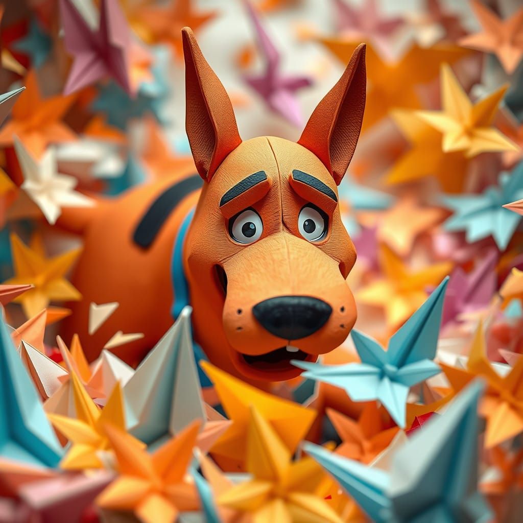 Surreal Scooby Doo in Whimsical Origami Wonderland