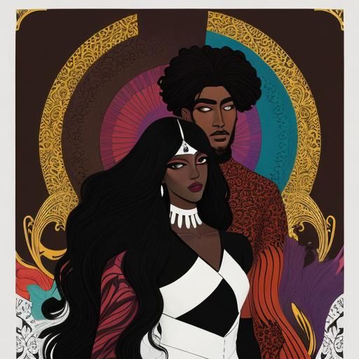 Colorful Art Nouveau Portrait of Dark-Skinned Couple