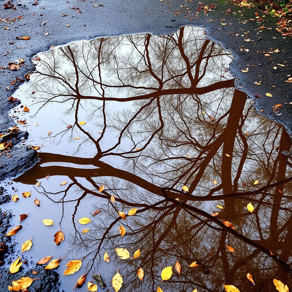 Reflections of Autumn Decay in a Tranquil Puddle