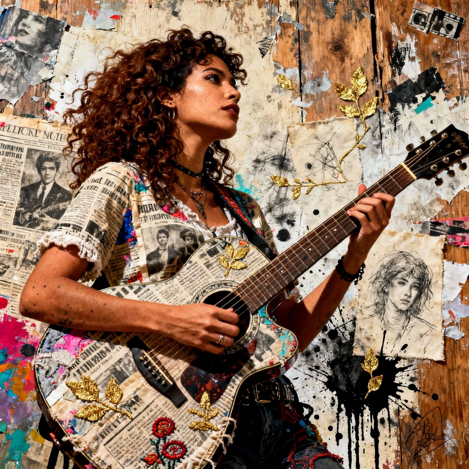 Latina Woman Playing Guitar, Mixed Media Collage